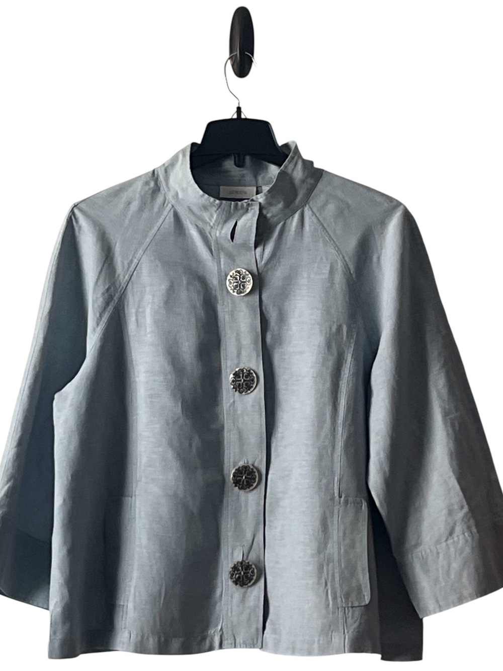 Chico's Classy Light‎ Blue Linen Stand-Collar Button Jacket, Size 3